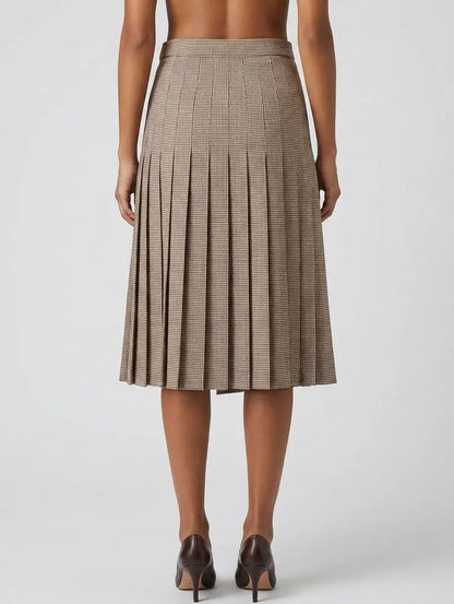 Double Buckle Pleated Check Midi Skirt - Skirts