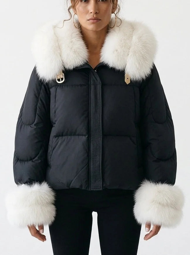 Down Jacket with White Fur Collar and Cuffs - S - Jackets