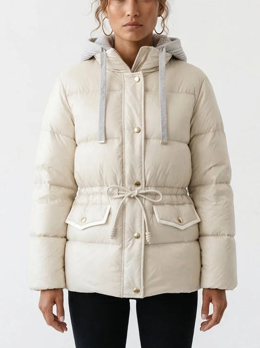 Down Puffer Jacket with Knit Hood and Drawstring Waist - Small - Jackets