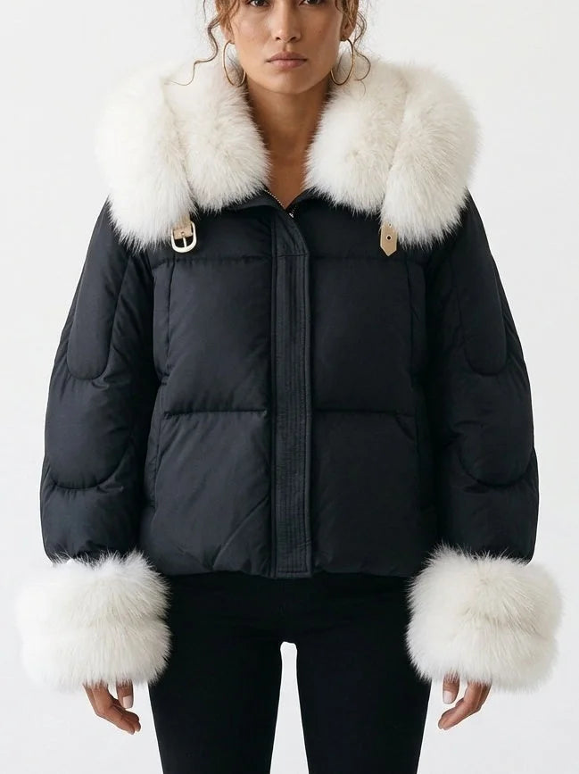 Down Jacket with White Fur Collar and Cuffs - Jackets