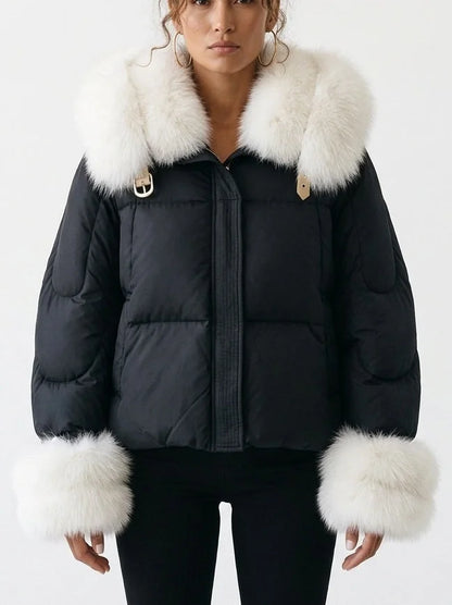 Down Jacket with White Fur Collar and Cuffs - Jackets