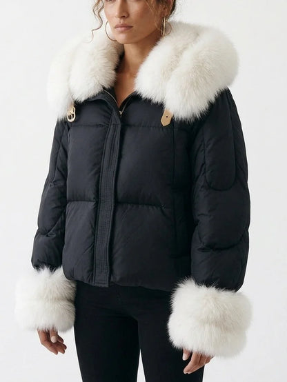 Down Jacket with White Fur Collar and Cuffs - Jackets