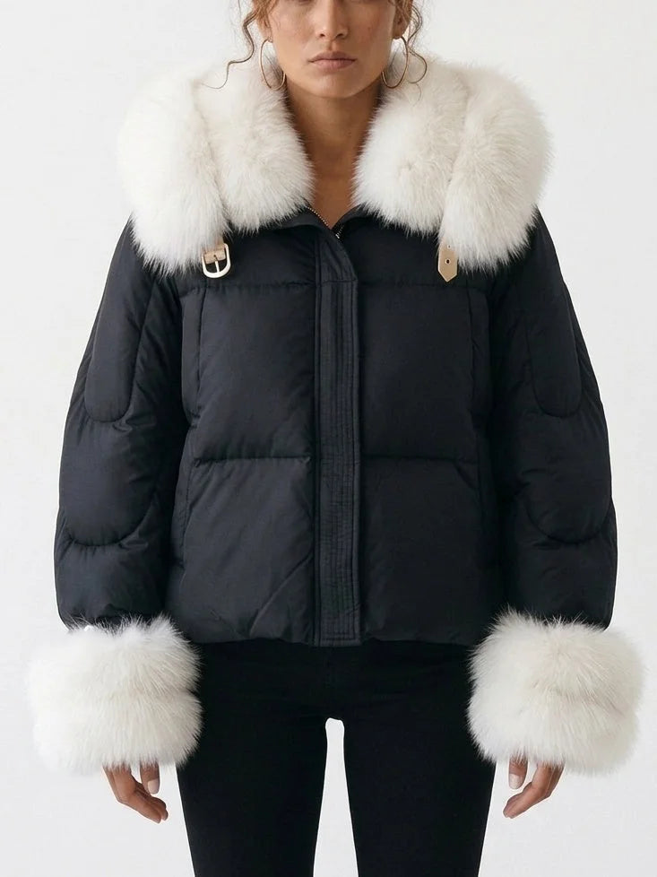 Down Jacket with White Fur Collar and Cuffs - Jackets