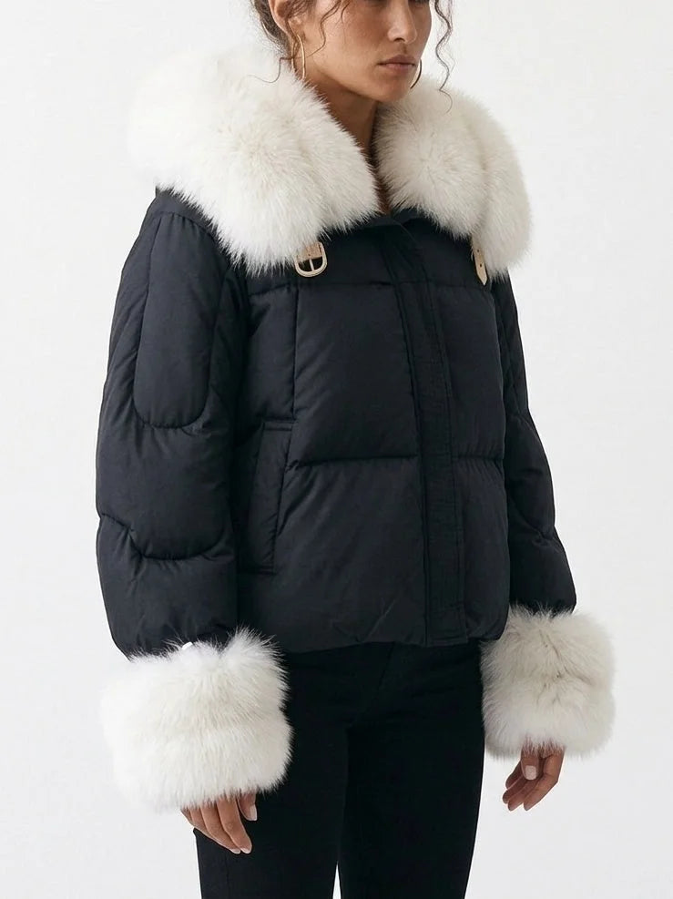 Down Jacket with White Fur Collar and Cuffs - Jackets