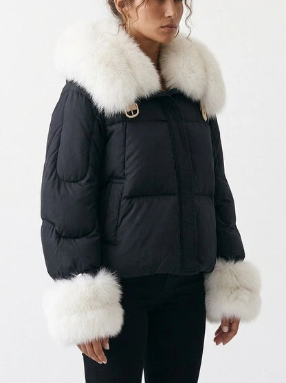 Down Jacket with White Fur Collar and Cuffs - Jackets