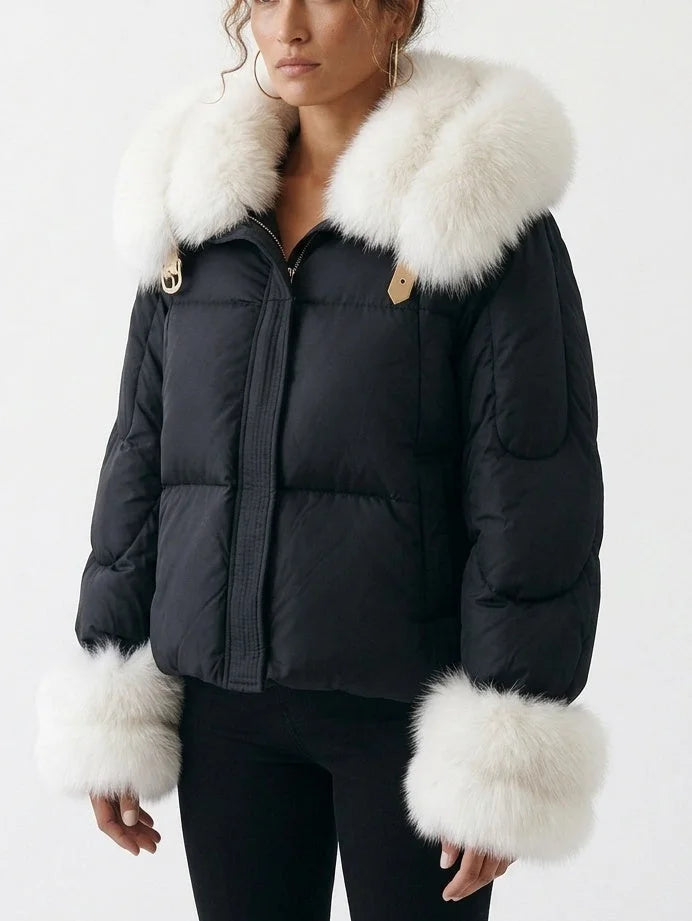 Down Jacket with White Fur Collar and Cuffs - Jackets