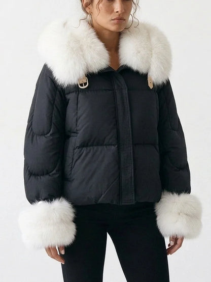 Down Jacket with White Fur Collar and Cuffs - Jackets