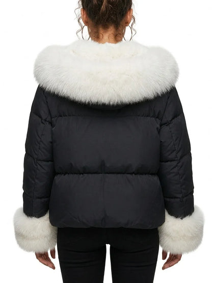 Down Jacket with White Fur Collar and Cuffs - Jackets