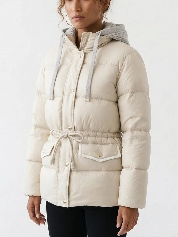 Down Puffer Jacket with Knit Hood and Drawstring Waist - Jackets