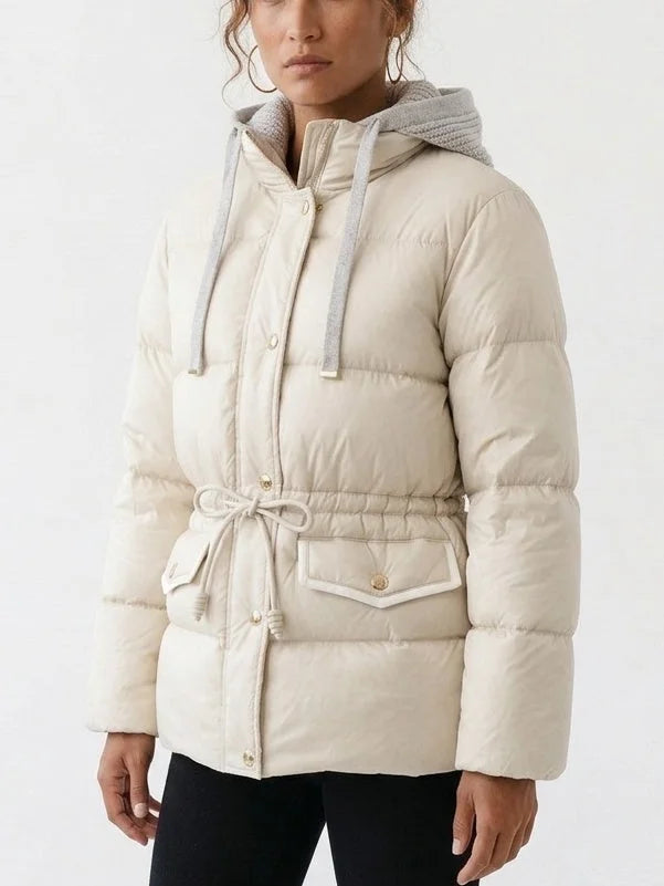 Down Puffer Jacket with Knit Hood and Drawstring Waist - Jackets