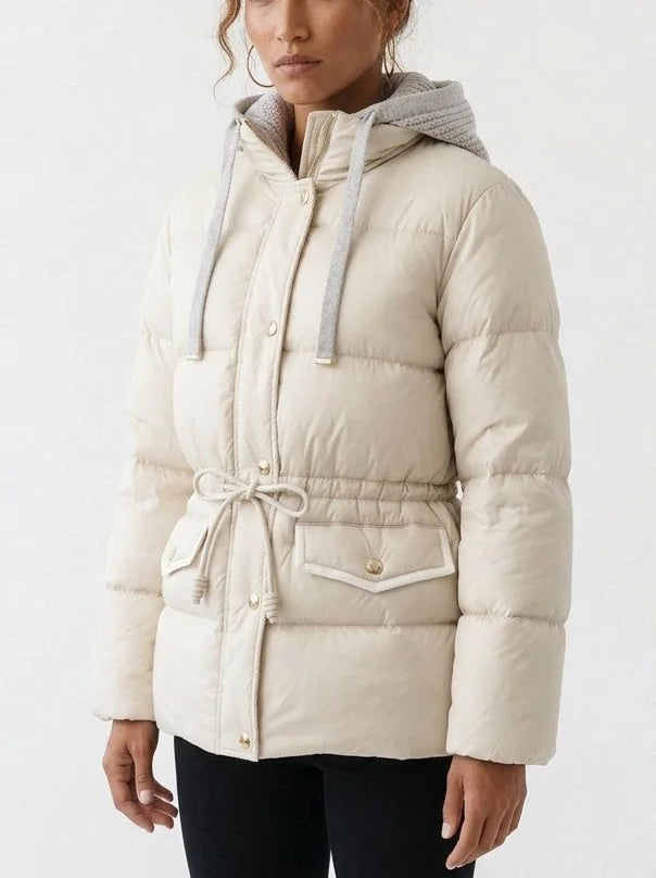 Down Puffer Jacket with Knit Hood and Drawstring Waist - Jackets