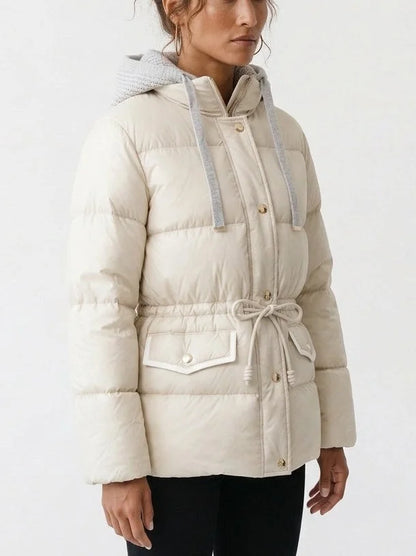 Down Puffer Jacket with Knit Hood and Drawstring Waist - Jackets