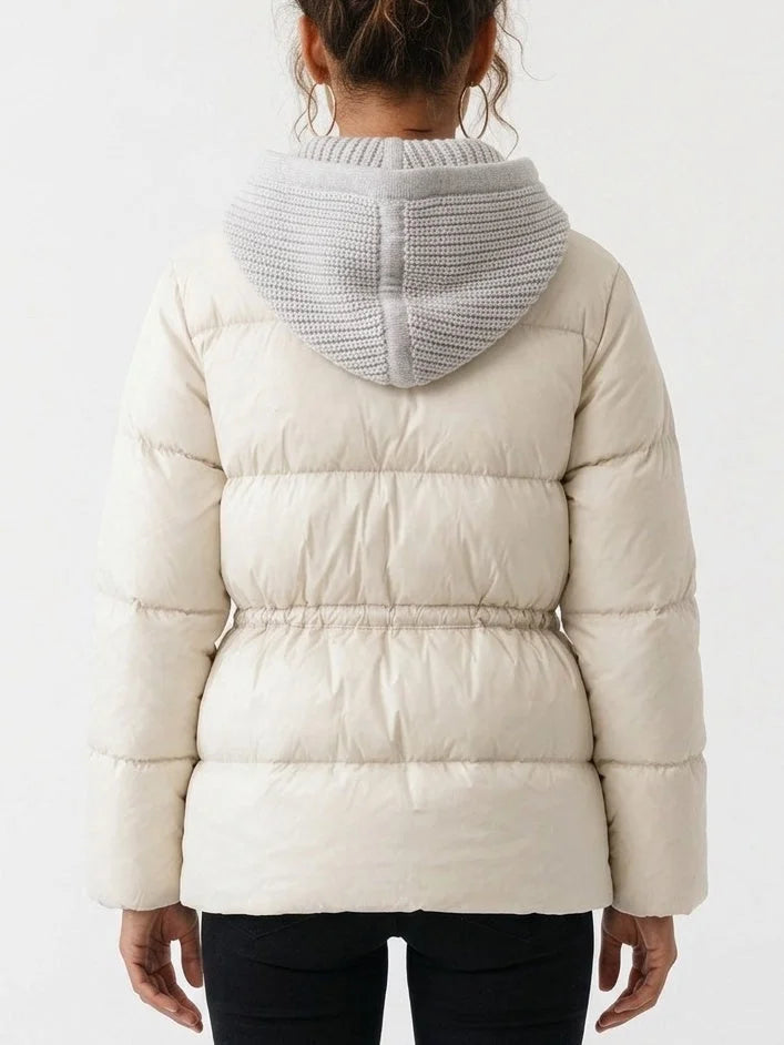Down Puffer Jacket with Knit Hood and Drawstring Waist - Jackets