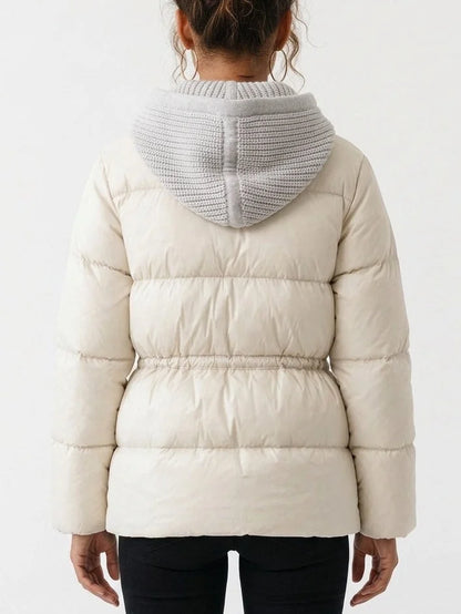 Down Puffer Jacket with Knit Hood and Drawstring Waist - Jackets