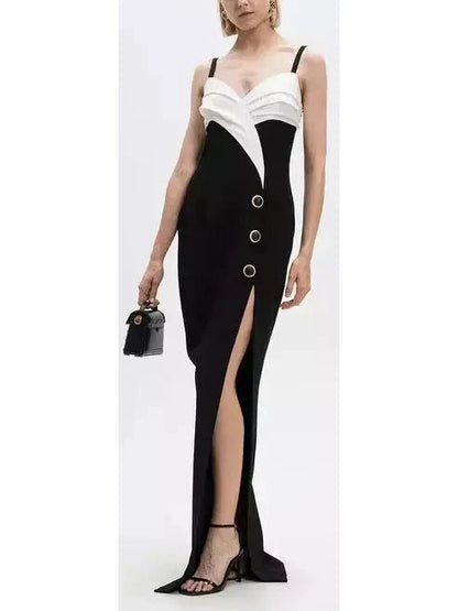 Draped Black and White Crepe Gown - Branna Couture