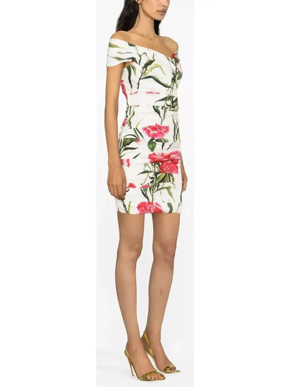 Draped Carnation-Print Poplin Dress - Branna Couture