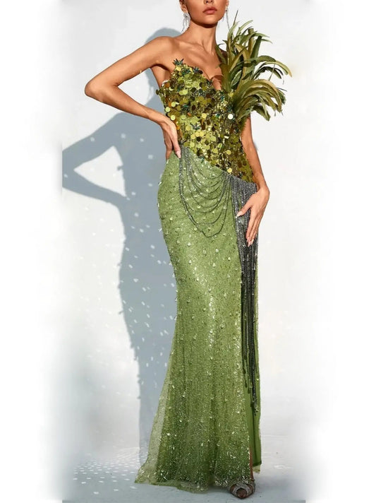 Draped Chain, Feather and Sequin-Embellished Maxi Dress Branna Couture