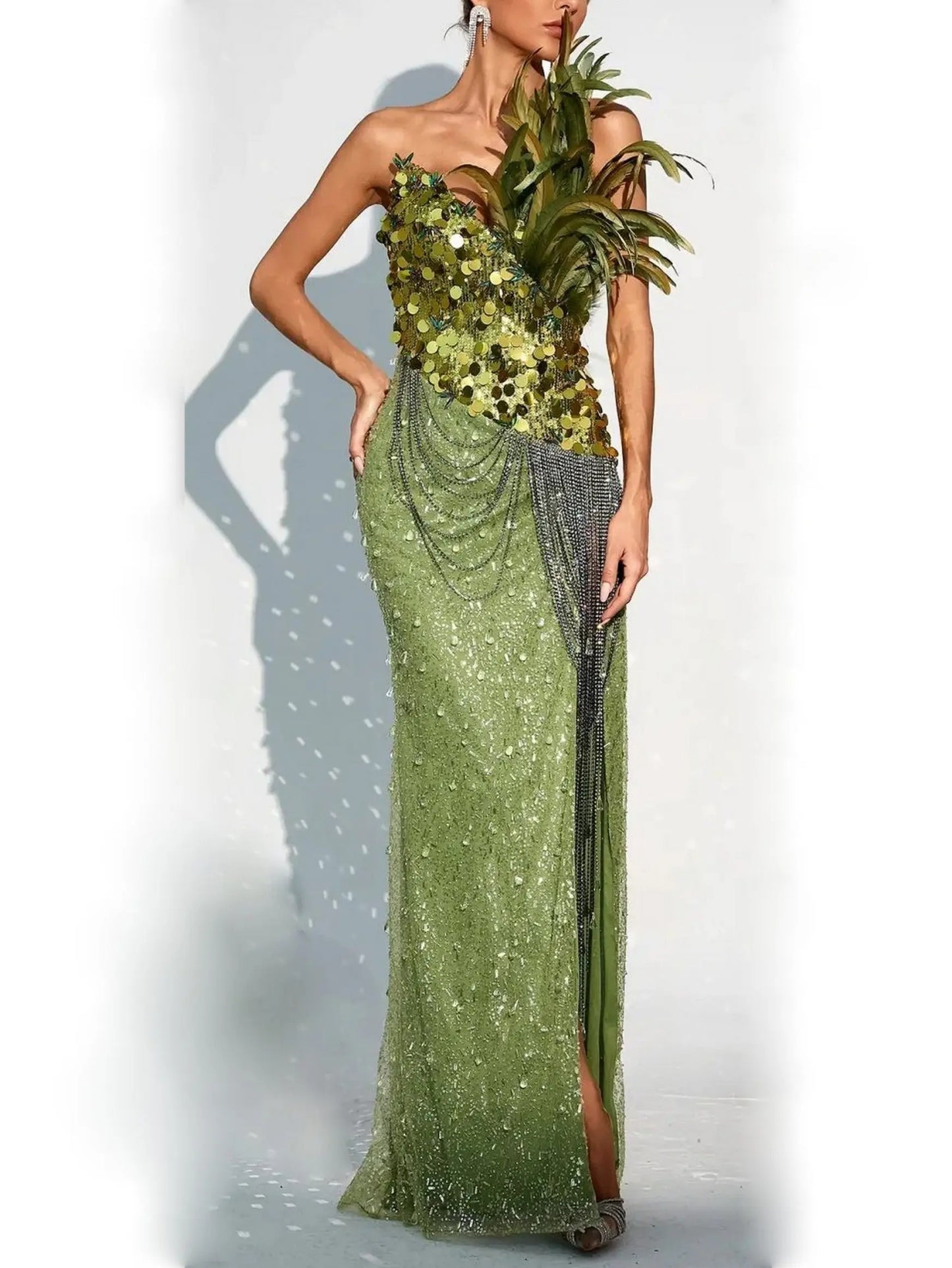 Draped Chain, Feather and Sequin-Embellished Maxi Dress Branna Couture