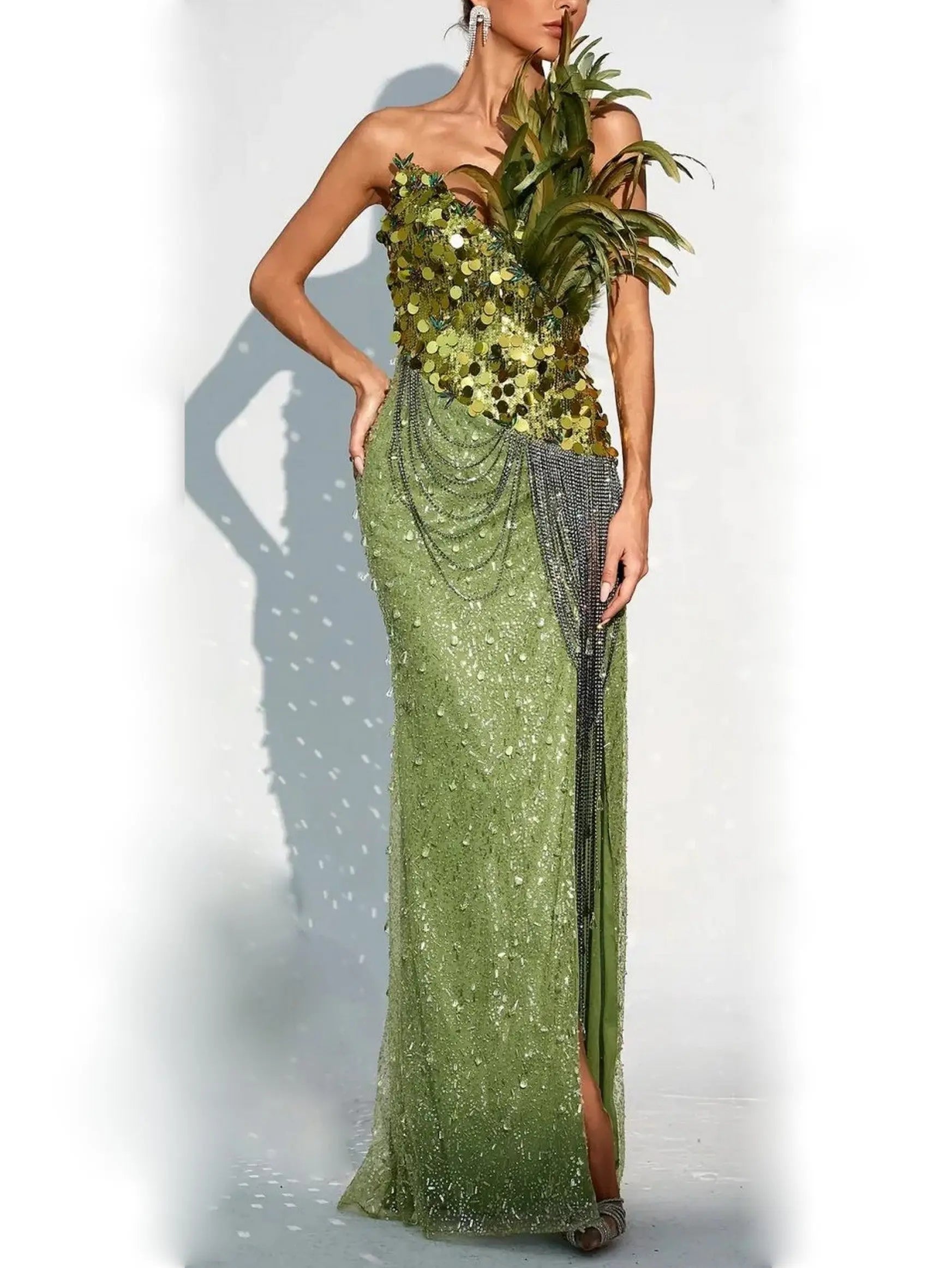 Draped Chain, Feather and Sequin-Embellished Maxi Dress Branna Couture