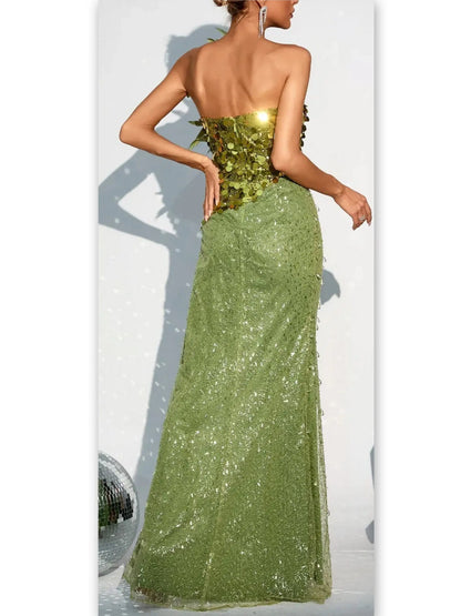 Draped Chain, Feather and Sequin-Embellished Maxi Dress Branna Couture