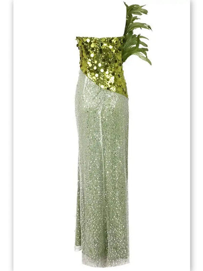 Draped Chain, Feather and Sequin-Embellished Maxi Dress Branna Couture