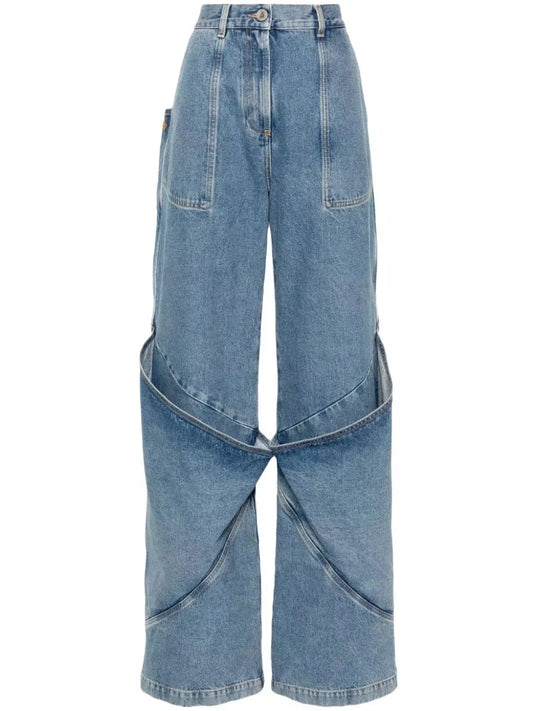 Draped Knee Washed Denim Wide-Leg Jeans - Branna Couture