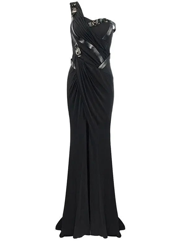 Draped One-Shoulder Strap-Detailed Long Black Gown - Branna Couture