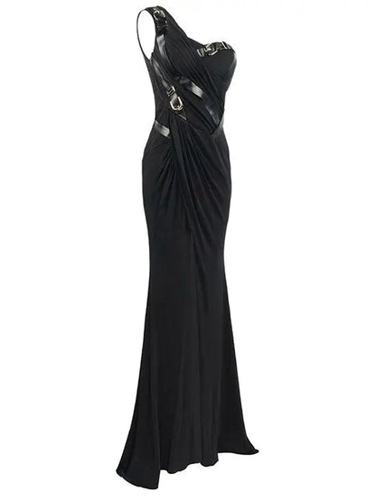 Draped One-Shoulder Strap-Detailed Long Black Gown - Branna Couture