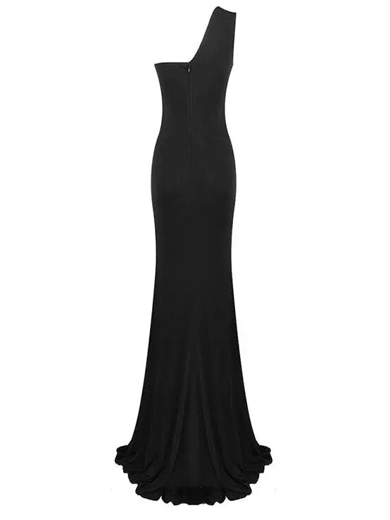 Draped One-Shoulder Strap-Detailed Long Black Gown - Branna Couture