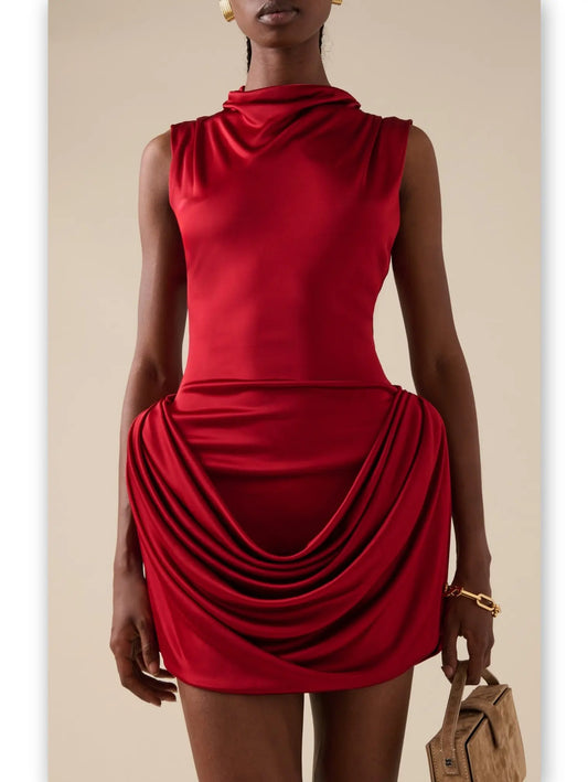 Draped Red Sleeveless Mock-Neck Mini Dress - Branna Couture