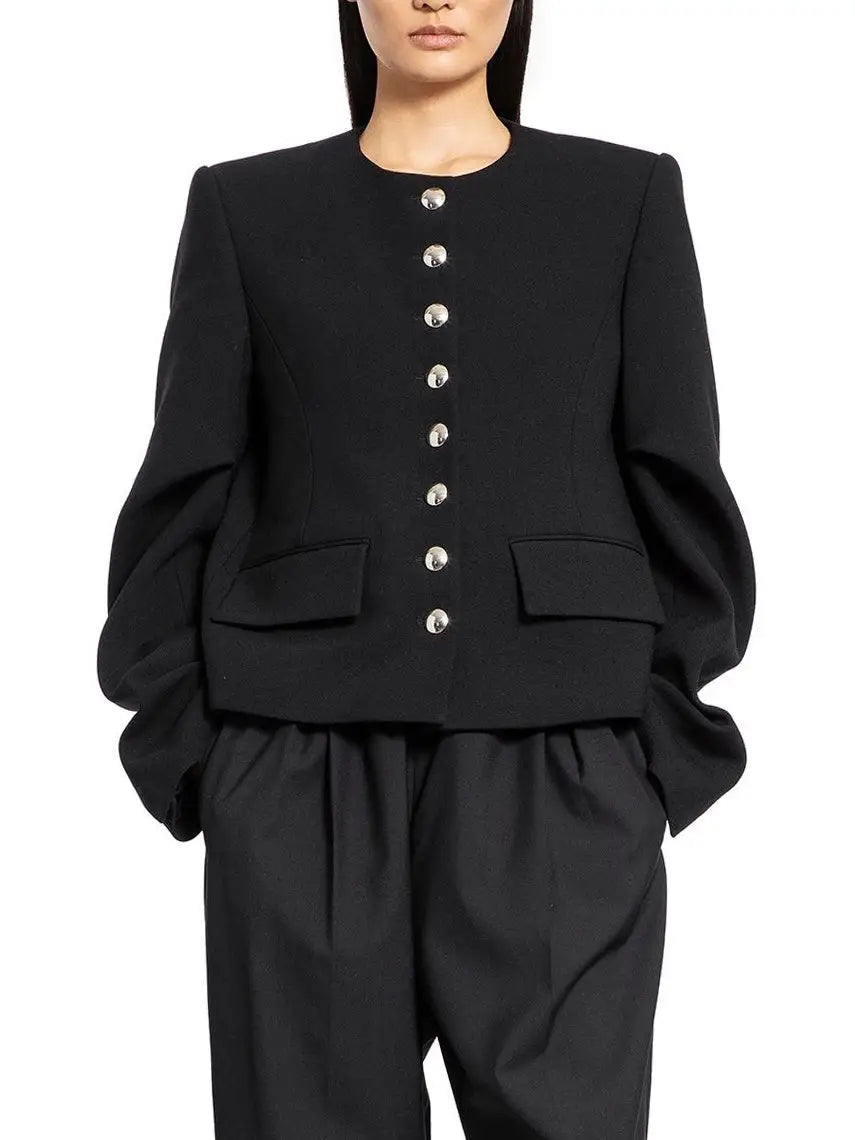 Draped-Sleeve Chrome-Button-Front Black Jacket - Jackets