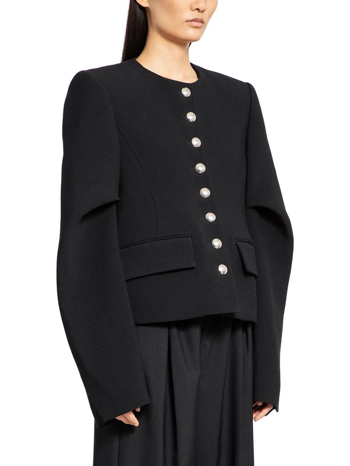 Draped-Sleeve Chrome-Button-Front Black Jacket - Jackets