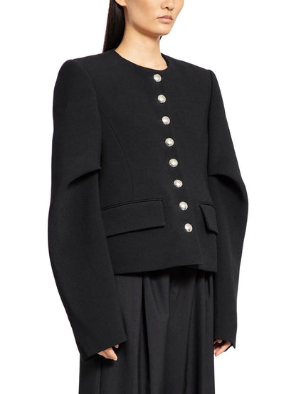Draped-Sleeve Chrome-Button-Front Black Jacket - Jackets