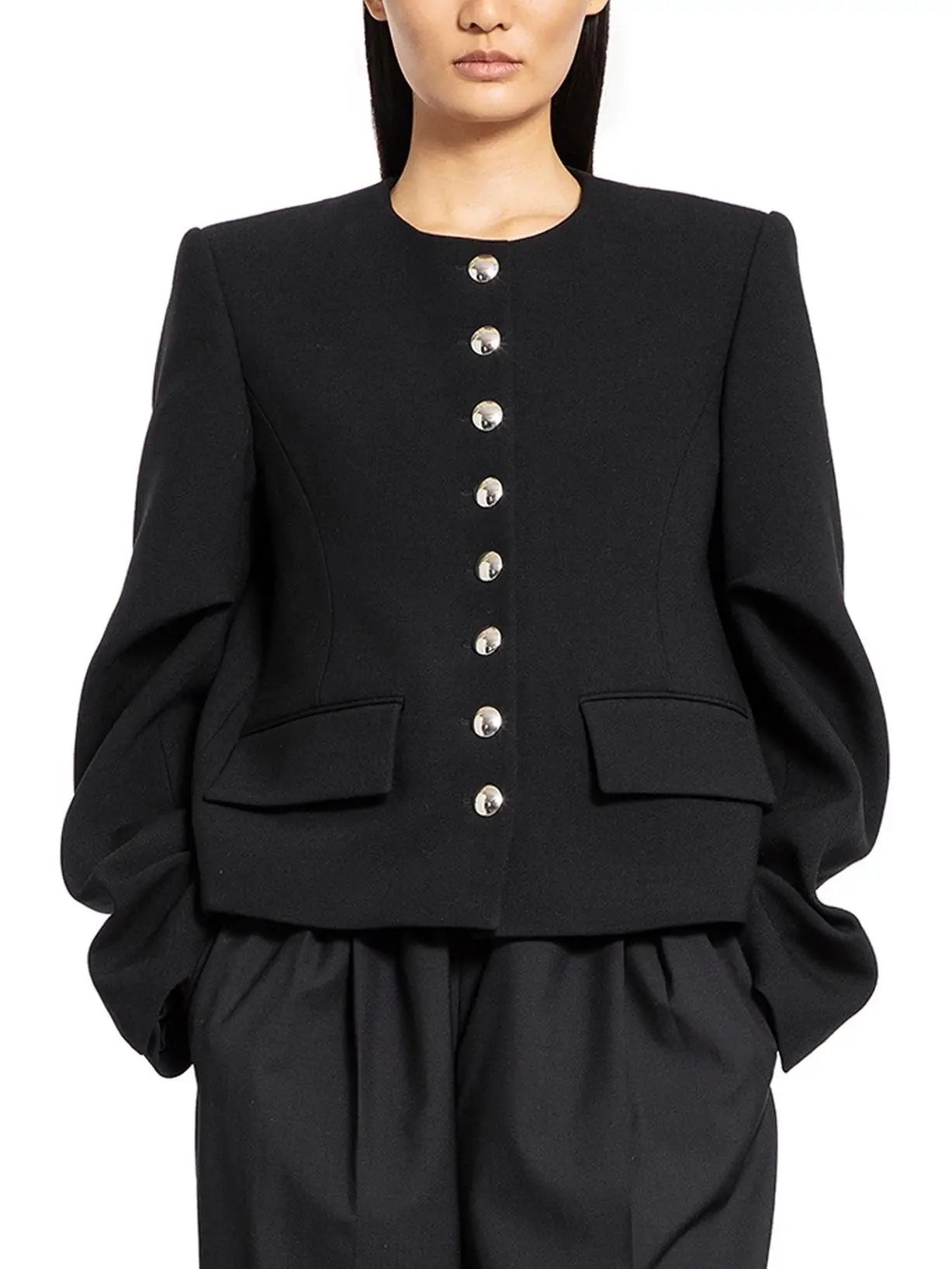 Draped-Sleeve Chrome-Button-Front Black Jacket - Jackets