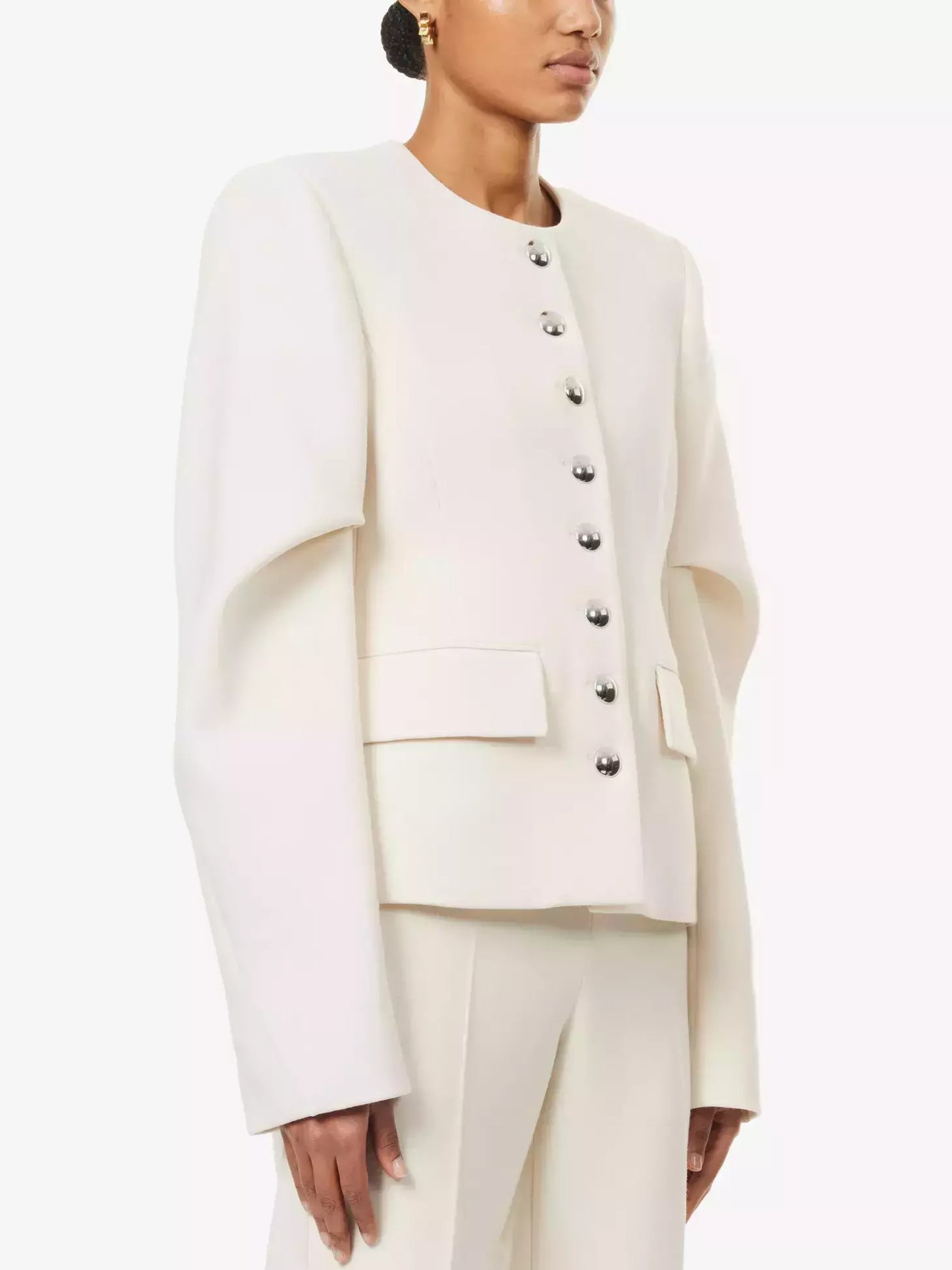 Draped-Sleeve Chrome-Button-Front Jacket in Ivory - Jackets