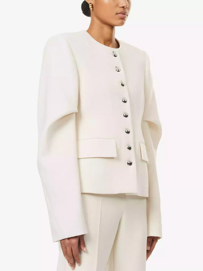 Draped-Sleeve Chrome-Button-Front Jacket in Ivory - Jackets