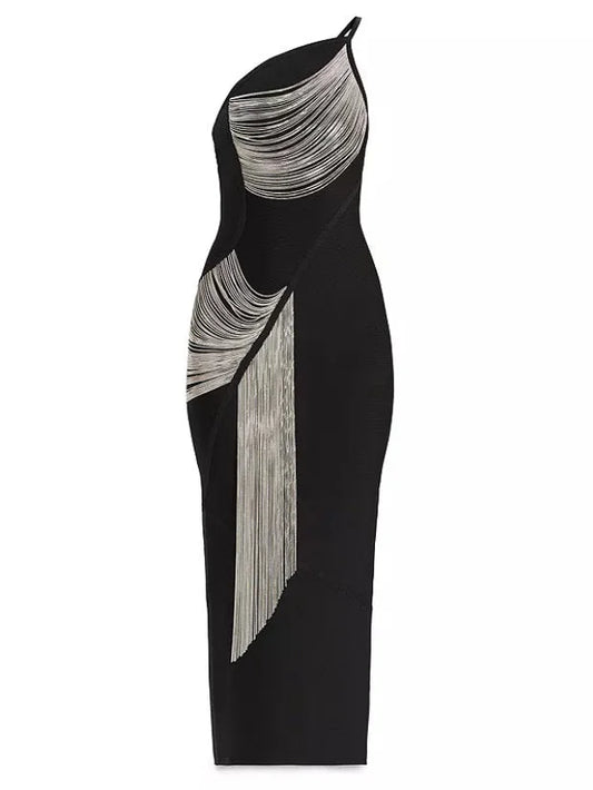 Draped Chain One-Shoulder Black Dress - XS - Dresses
