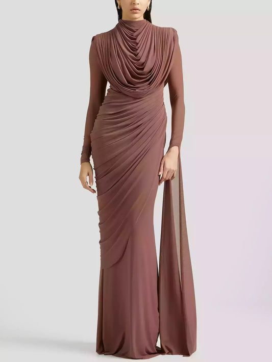 Draped Cowl-Neck Long Gown in Mocha Brown - XS / Brown - Dresses