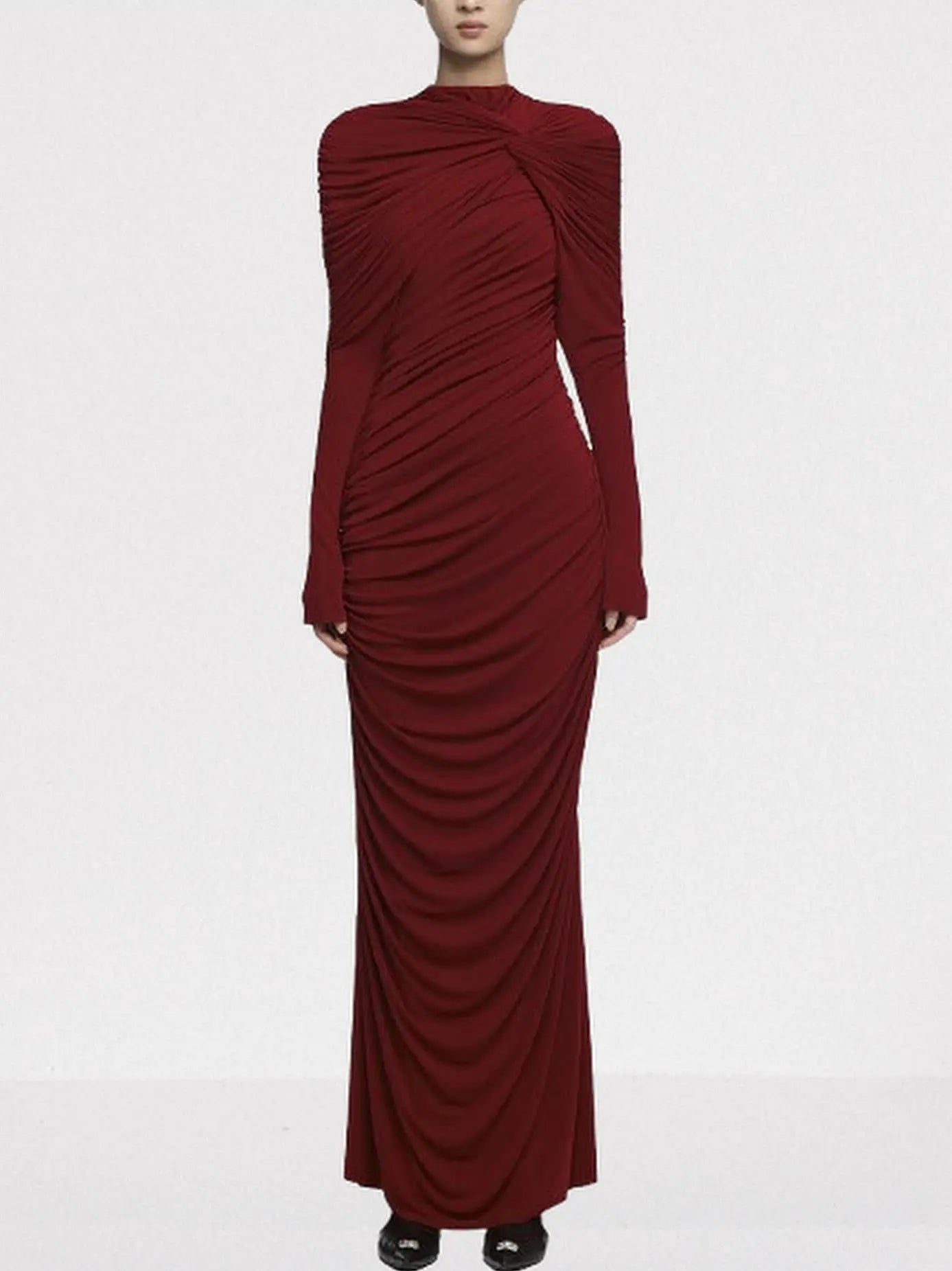 Draped Jersey Long-Sleeve Knotted Maxi Dress - S / Wine Red - Dresses