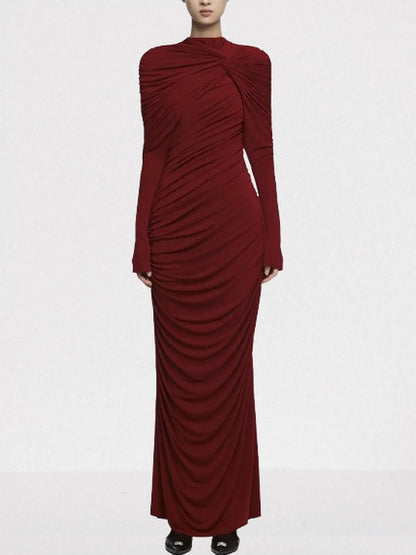 Draped Jersey Long-Sleeve Knotted Maxi Dress - S / Wine Red - Dresses