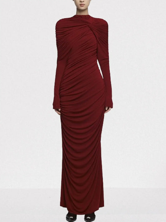 Draped Jersey Long-Sleeve Knotted Maxi Dress - S / Wine Red - Dresses