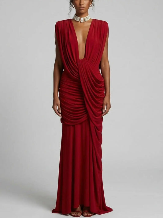 Draped Jersey Maxi Dress with Plunging Neckline - S / Red - Dresses