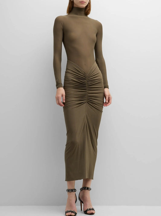 Draped Jersey Stretch Long-Sleeve Midi Dress - Small / Olive Green - Dresses