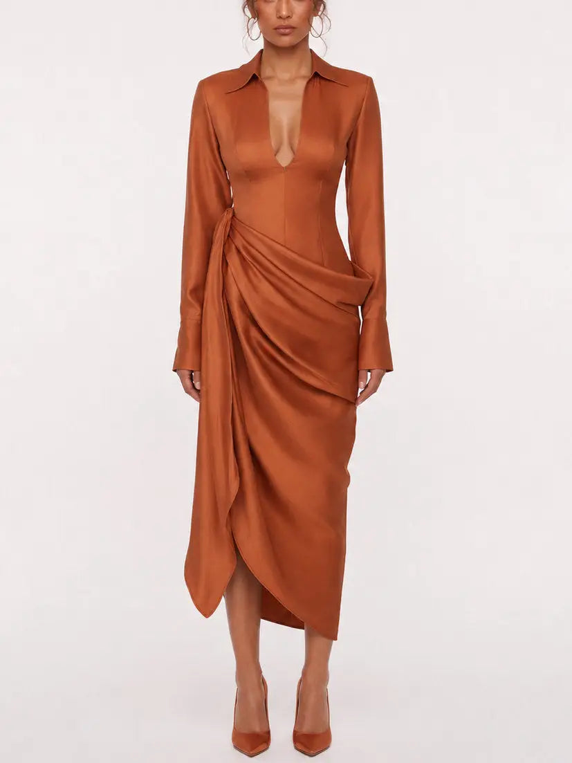 Draped Long Sleeve Collared Midi Dress - Small - Dresses