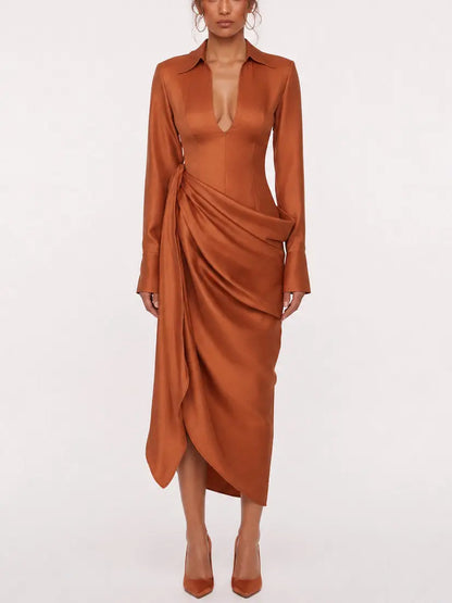 Draped Long Sleeve Collared Midi Dress - Small - Dresses
