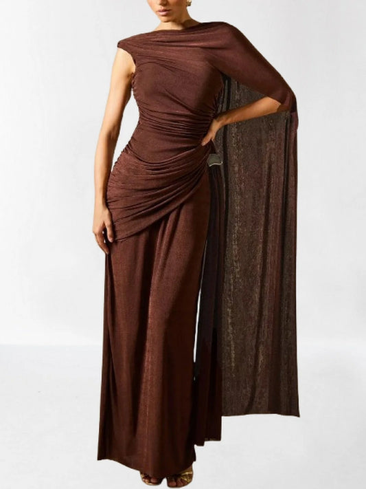 Draped One Shoulder Sleeveless Gown S / Brown Dresses