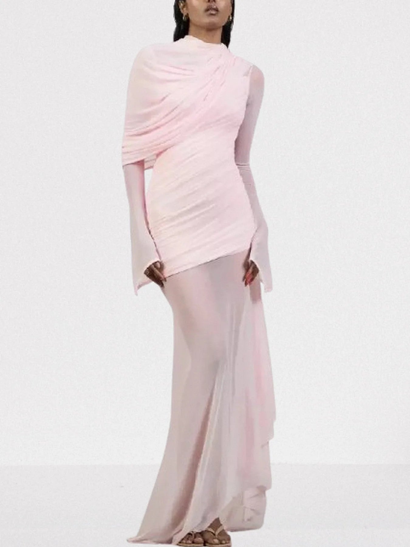 Draped Pink Chiffon Tulle Long-Sleeve Gown - XS - Dresses