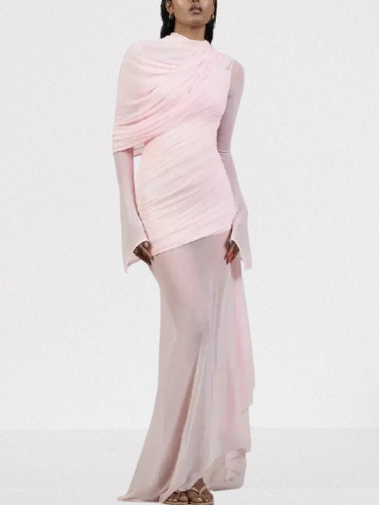 Draped Pink Chiffon Tulle Long-Sleeve Gown - XS - Dresses
