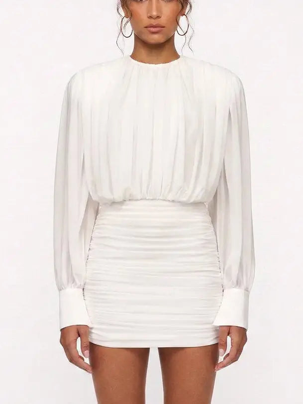 Draped White Long Sleeve Ruched Mini Dress - Small - Dresses