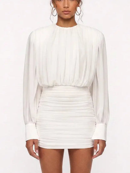Draped White Long Sleeve Ruched Mini Dress - Small - Dresses